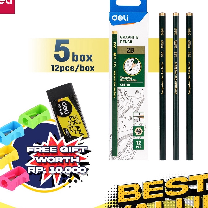

Gila Deli Paket Kombo ATK Ekonomis 6 pcs Pensil Kayu 2B Gratis Rautan Penghapus EC882B