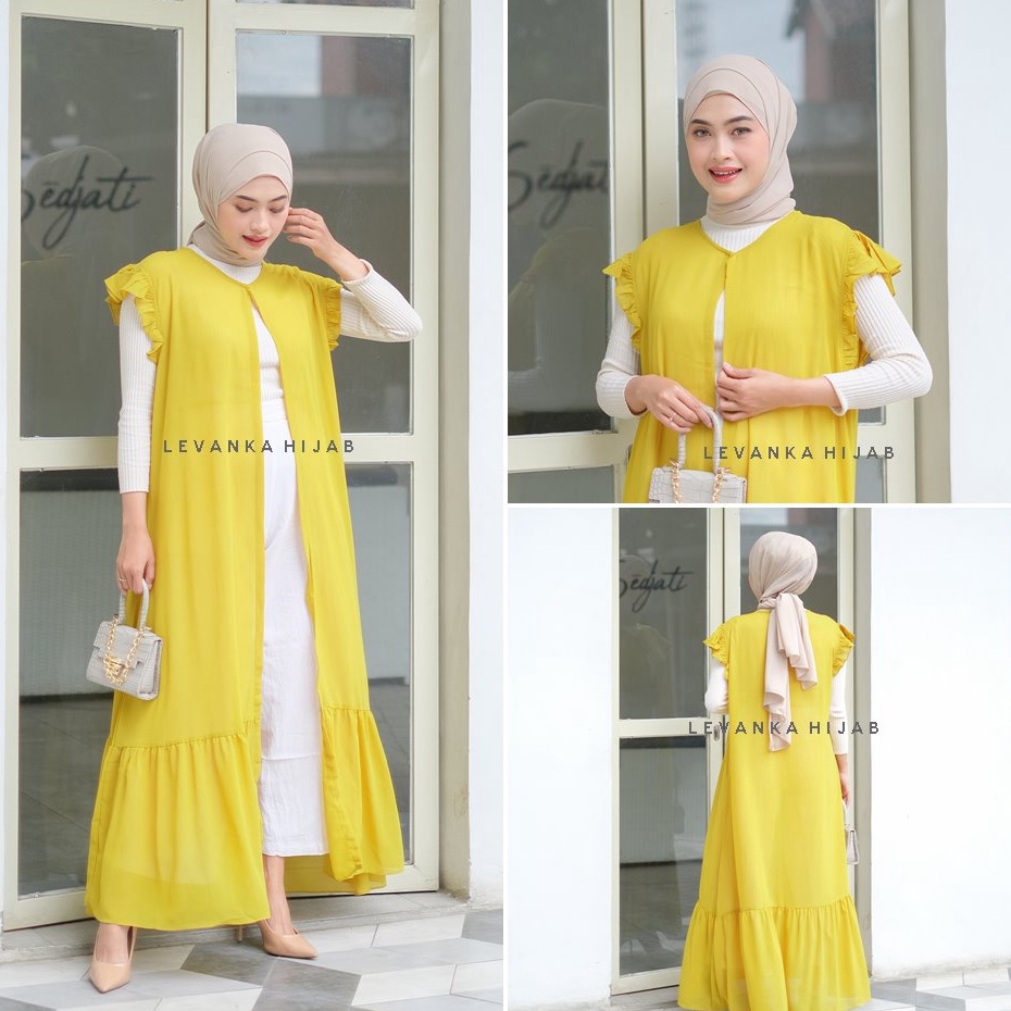TERBARU  ZAHRA Long Outer Ruffle  Kardigan Ceruti Panjang Tanpa Lengan
