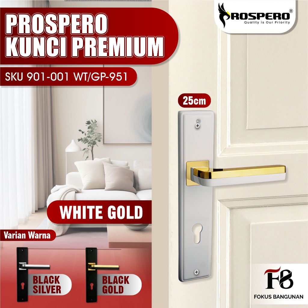 PROSPERO Gagang Pintu Handle Kunci Pintu Besar White Gold | Set Kunci Handel Pintu | 951