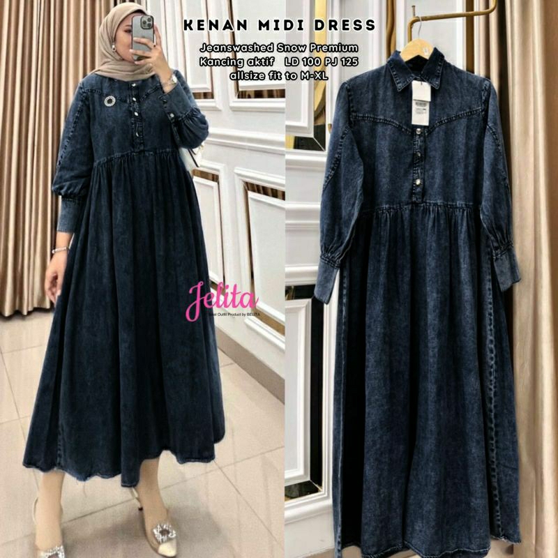 Kenan Midi Dress Maxy Gamis Hitam Jeans Snow Ld 100 Fit XL Busui Kancing Aktif By Jelita