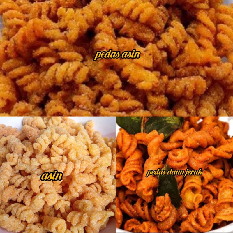 

(150g) MAKRONI SPIRAL MACARONI SPIRAL RASA PEDAS ASIN, PEDAS DAUN JERUK, DAN ASIN berat bersih 150gr