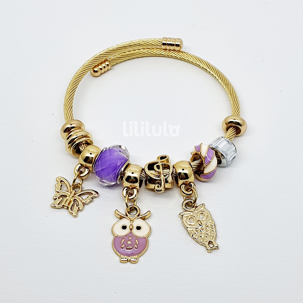 Gelang Bracelet Charms Gold Owl Butterfly Aksesories Model Pandora