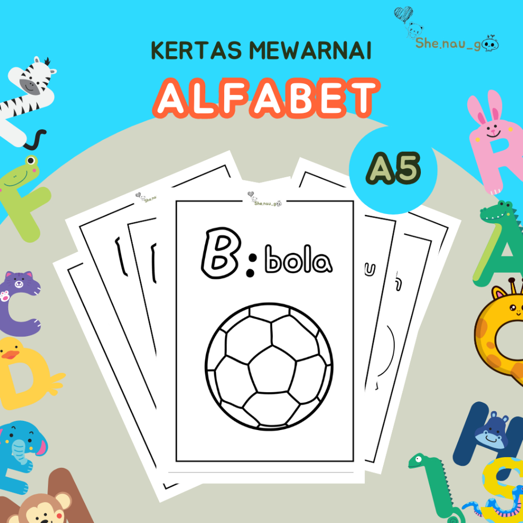 

Kertas Mewarnai/ Gambar Mewarnai/ Colloring tema Alfabet (Abjad) Huruf A-Z untuk anak TK-SD HVS A5