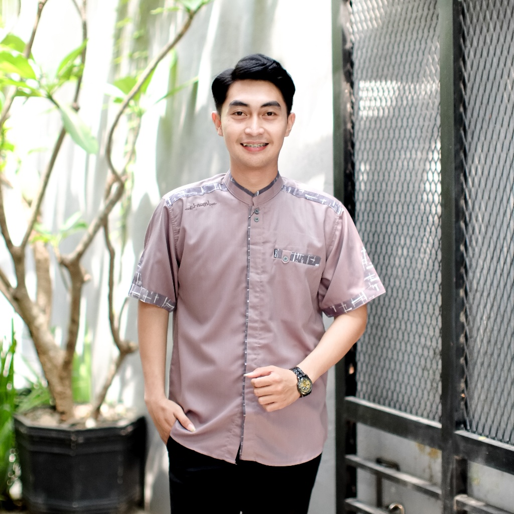 Baju koko Pria Dewasa Lengan Pendek Elrumi Motif Yisunsin Lilac Kombinasi Batik Terbaru