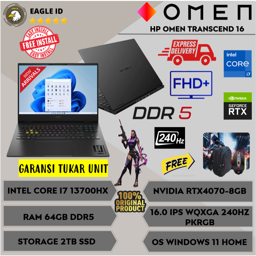 Laptop Gaming HP OMEN TRANSCEND 16 RTX4070-8GB Intel Core i7 13700HX Gen 13TH Ram 64GB DDR5 2TB SSD 