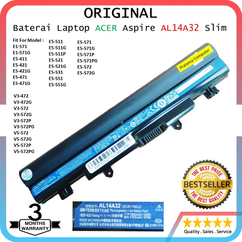 Baterai Laptop Acer Aspire E14 E15 E5-411 E5-421 E5-471 E5-511 E5-521 E5-531 E5-551 E5-571 V3-472 Series AL14A32 Slim