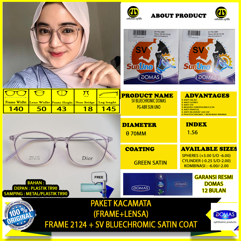 PAKET KACAMATA (FRAME+LENSA) 2124 BLUECHROMIC DOMAS SUN UNO