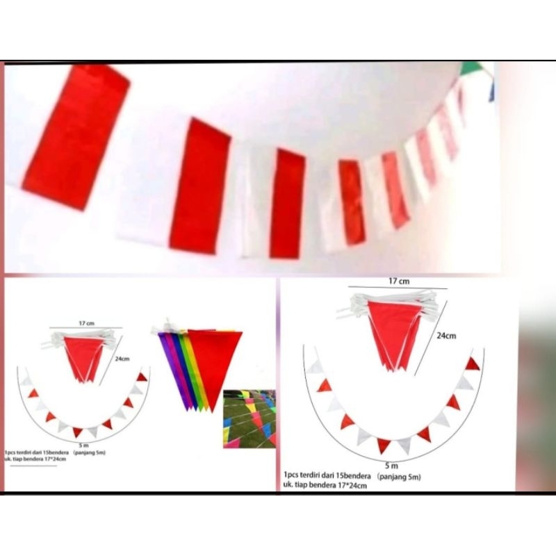 Bendera Merah Putih Plastik Plus Tali (1bgks isi +-40 lbr)/Bendera Segitiga Merah Putih/Bendera Segi