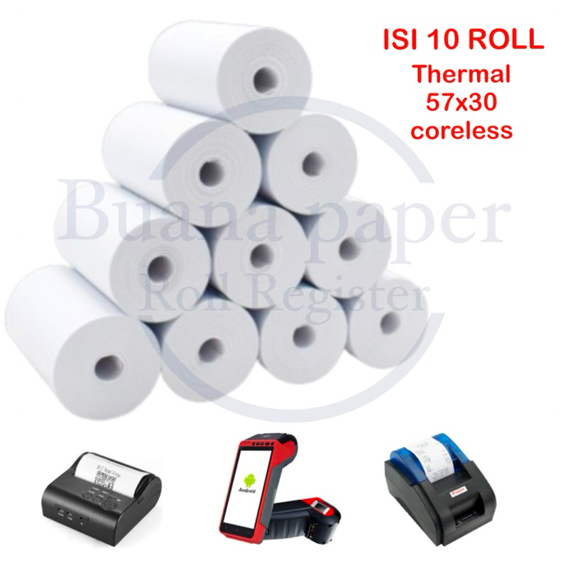 

Kertas Thermal EDC 58x30 coreless (polos) tanpa core isi 10roll