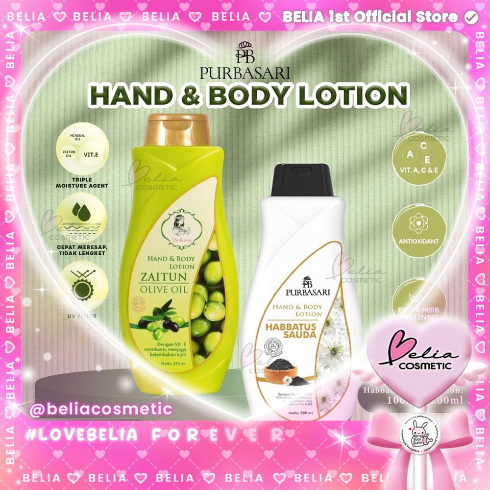 ❤ BELIA ❤ PURBASARI Hand & Body Lotion Zaitun & Habbatus Sauda 100ml | 220ml (✔️BPOM)