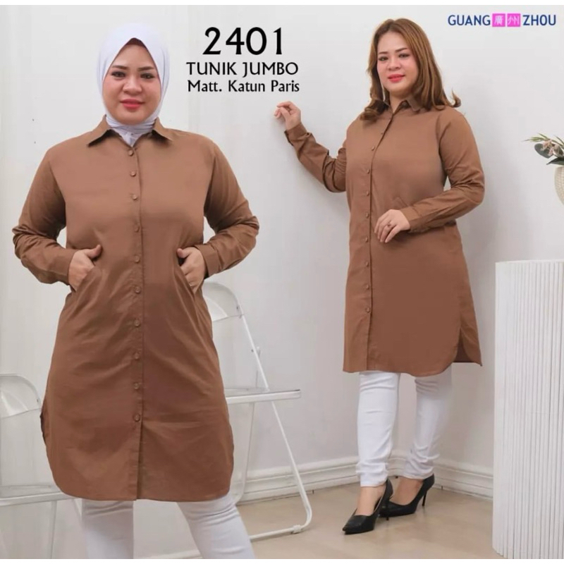 TUNIK WANITA #2401 XXL // MODEL KANCING FULL // TUNIK POLOS // BAHAN KATUN PARIS // BRAND GUANGZHOU 