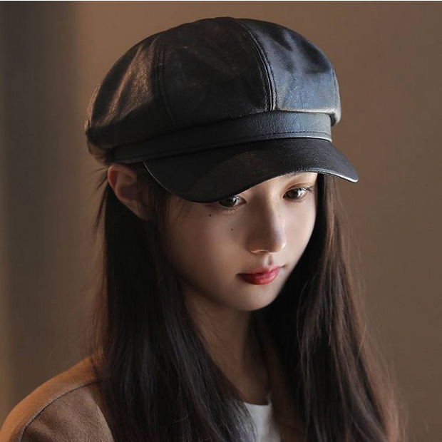 Topi Baret Leahter Hat Topi Kulit LA SPEZIA Vintage Topi Hitam Oktagonal Cap