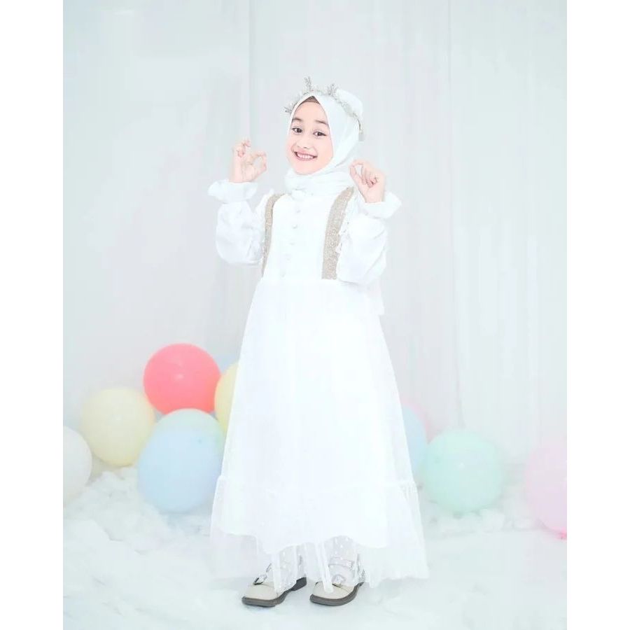 Gamis Putih Mewah Anak Perempuan Kekinian Umur 4 5 6 7 8 9 Tahun Bahan Ceruty Babydoll Mix Tile Dot 