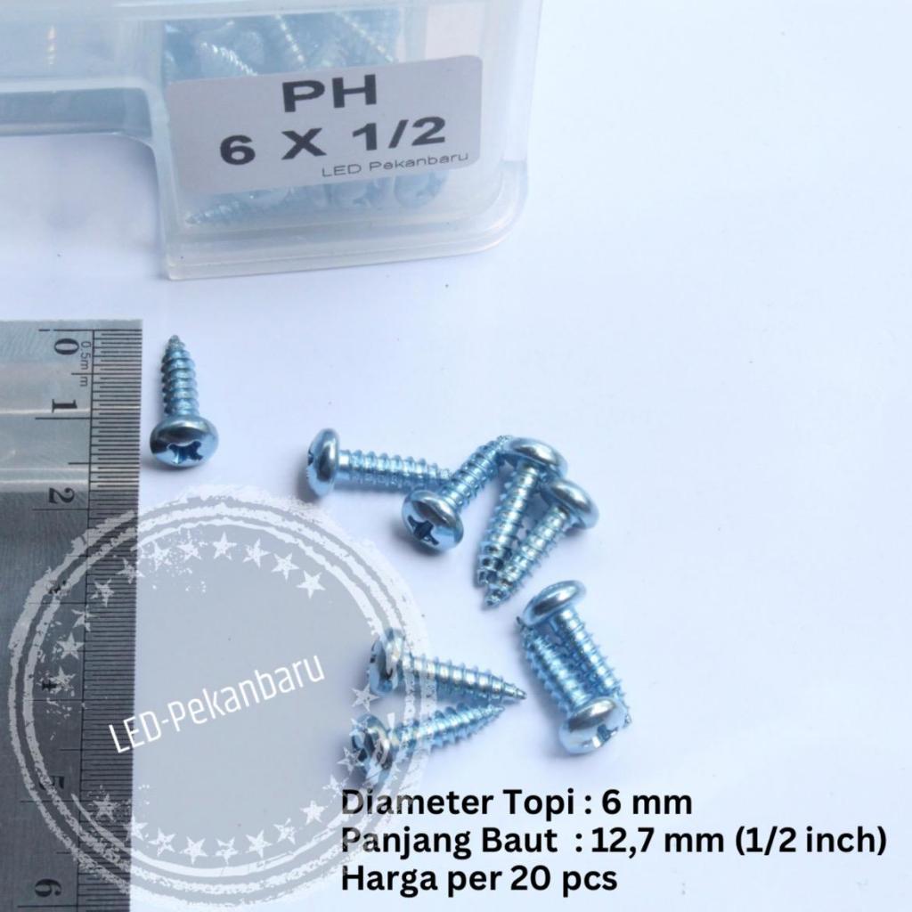 20PCS PH 6X1/2 INCH SEKRUP TAPPING SCREW BAUT SKRUP + DIAMETER TOPI 6MM PANJANG 12,7MM 6 X 1/2