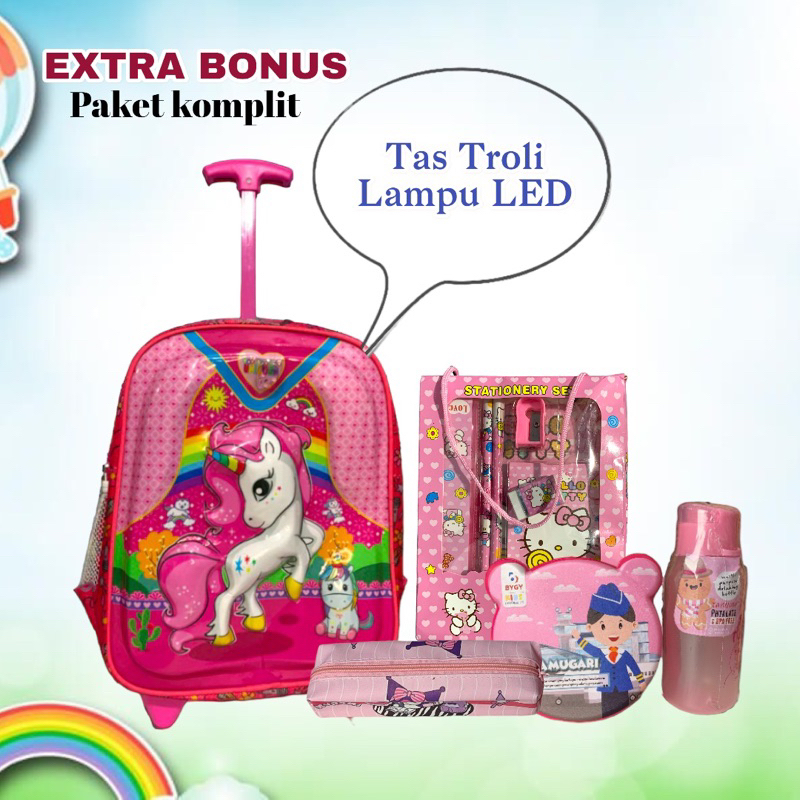 PAKET SEKOLAH KOMPLIT Tas troli anak Tk perempuan banyak karakter lampu LED/  tas dorong anak peremp
