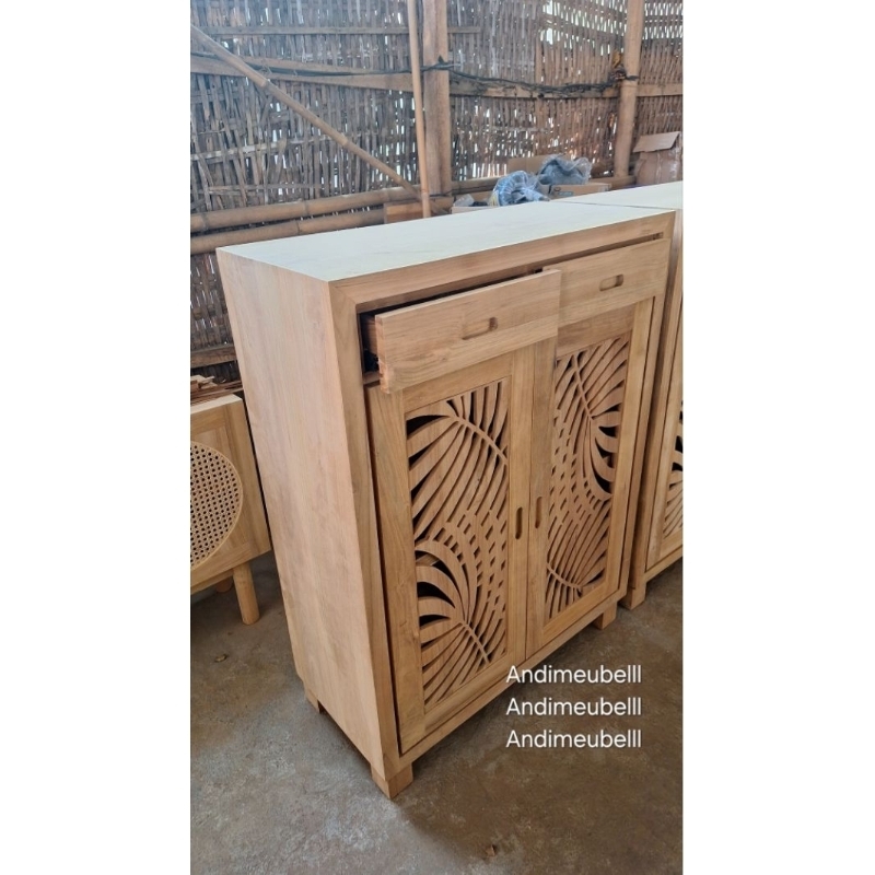 Cabinet Ukir Daun kerawang minimalis 2laci+2pintu kayu jati