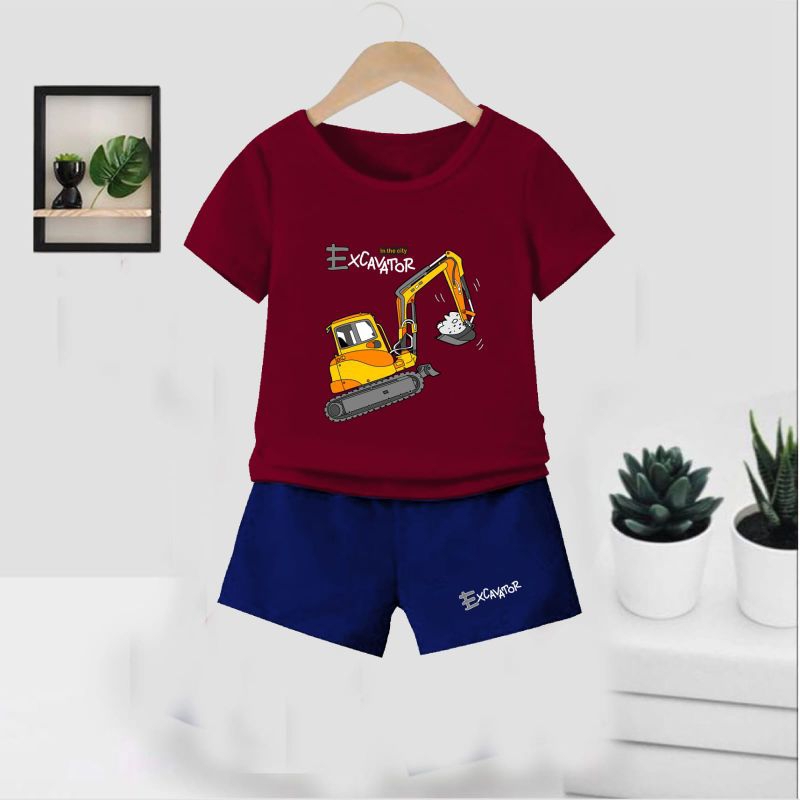 baju stelan anak laki-laki bergambar excavator