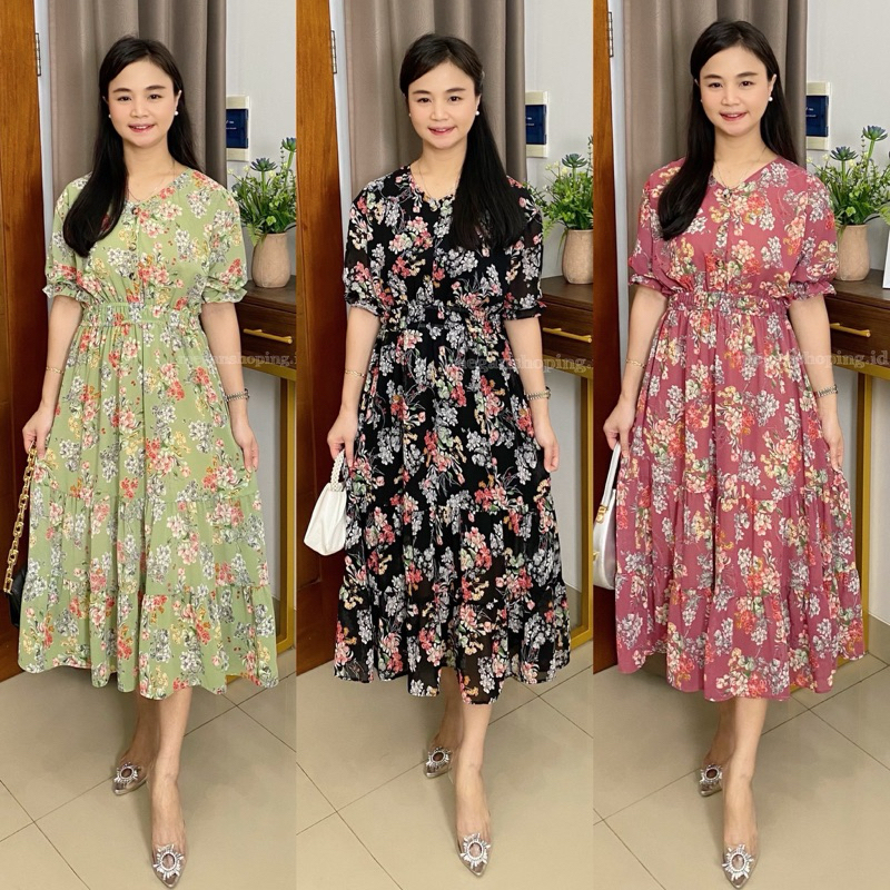 meganshoping - Heira Dress Gaya Korea Flowery Dress Lengan Balon Kancing Hidup Ceruty Fashion Wanita