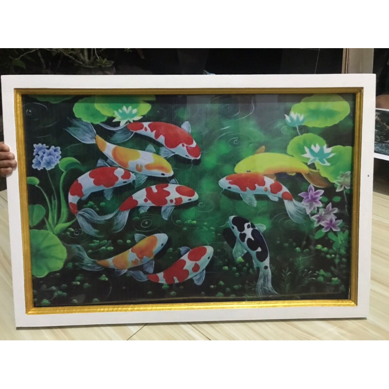 lukisan cetak poster ikan Koi plus bingkai