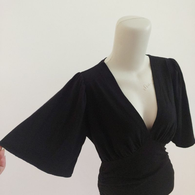 Pre-❤️ Dress Kimono Kerut Kaos Hitam V Neck