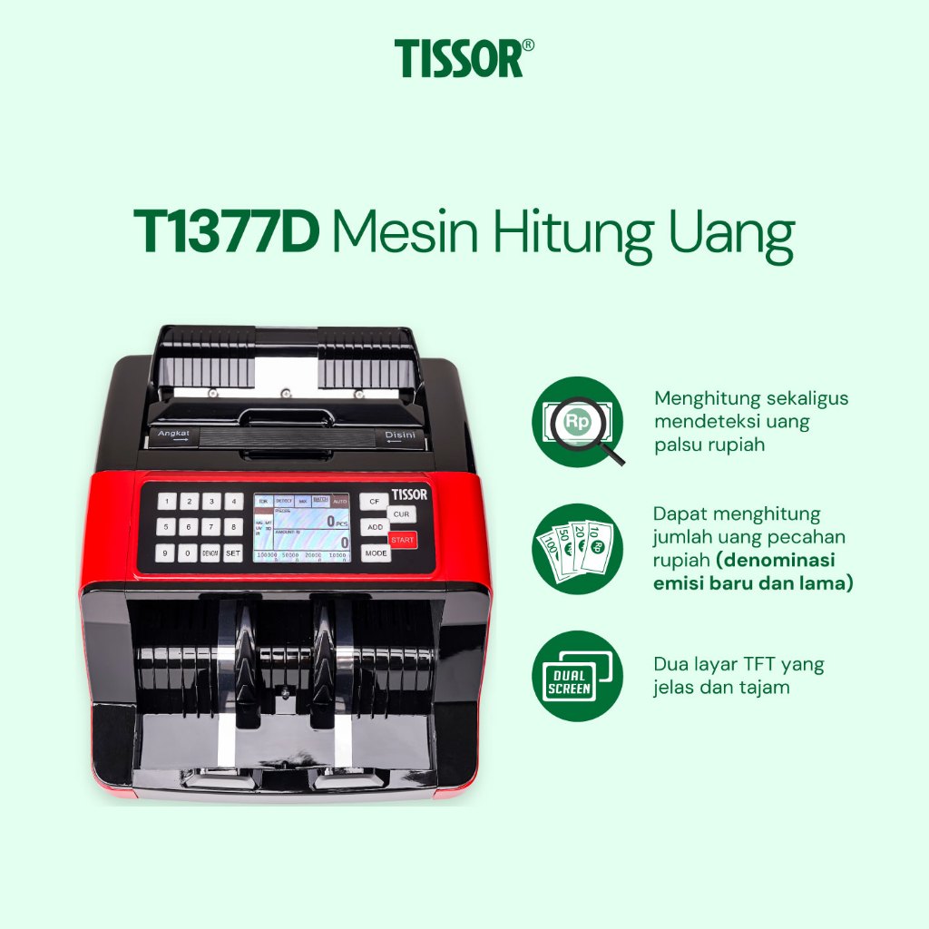 TISSOR - T1377D Money Counter - Mesin Hitung Uang Dual Screen - Deteksi uang palsu UV, MG, MT
