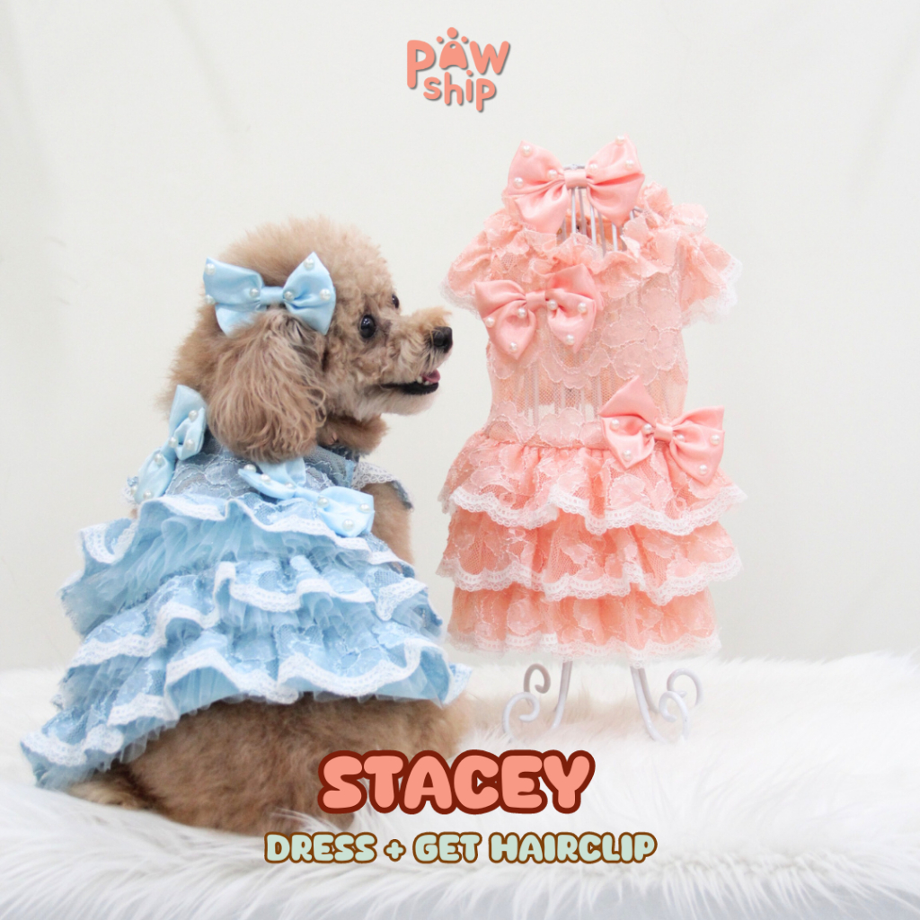Stacey Dress Blue Salem / Premium Brokat / Get Jepit/ Baju Anjing Kucing