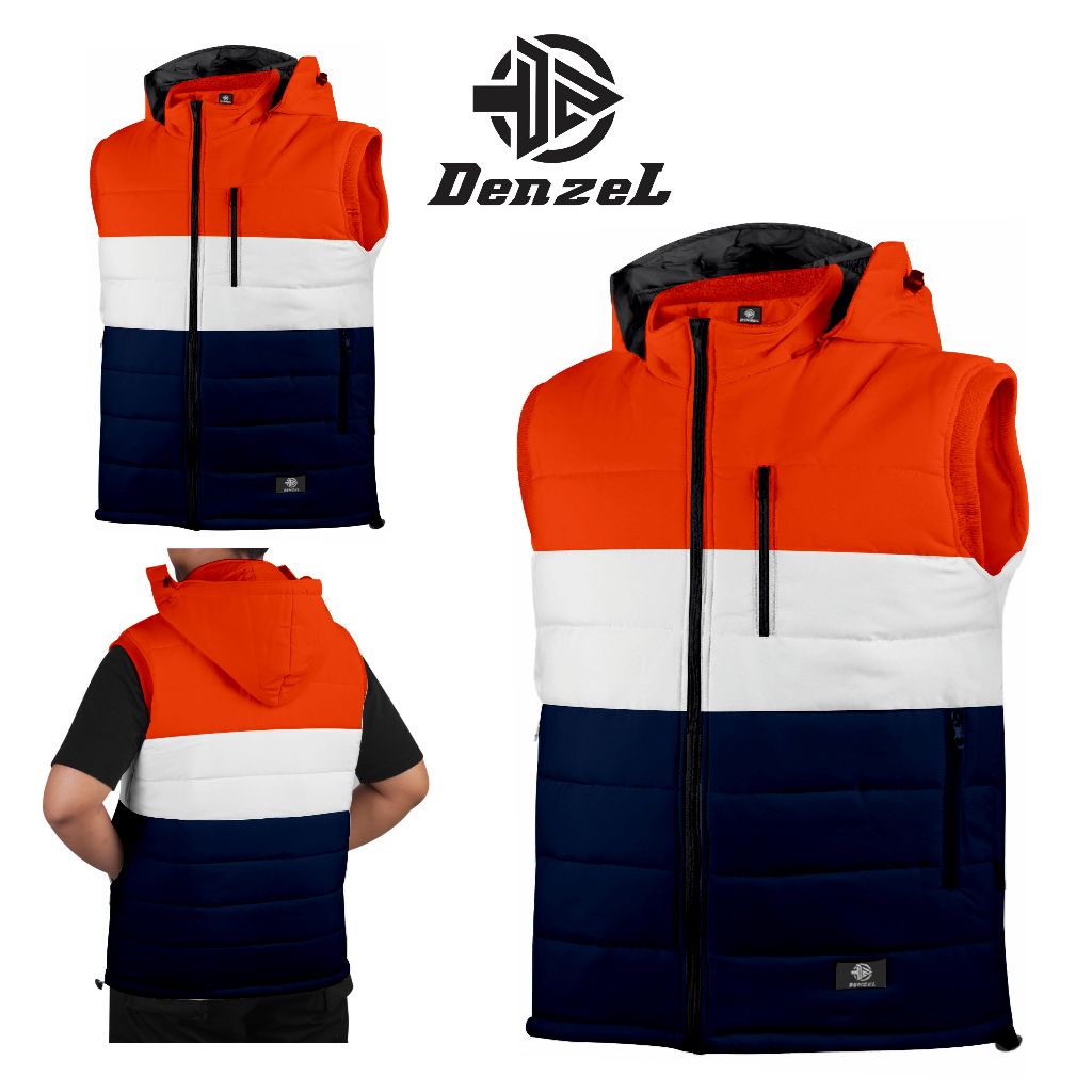 DENZEL - Rompi Pria Orange Putih Navy  DZ 034 - Jaket Rompi Pria - Jaket Motor Rompi - Jaket Rompi L