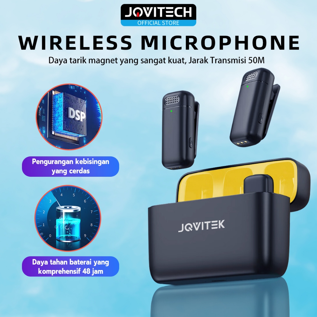 Jovitech Microphone Wireless Mic Clip on Dual Lavalier Mikrofon Peredam Kebisingan Vlog with Chargin