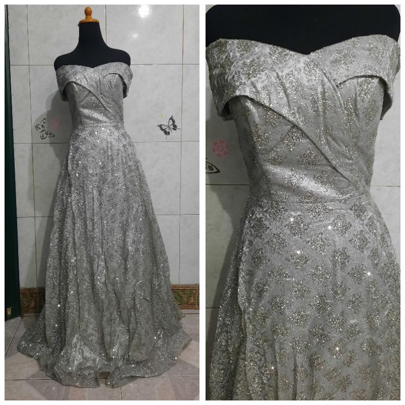 Longdress sabrina silver gaun pesta glitter abu blink bling fio04