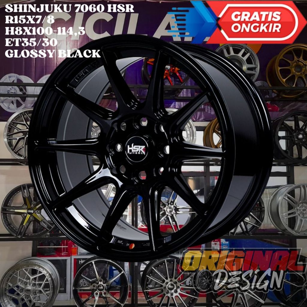 Velg Mobil Ring 15 HSR SHINJUKU R15 LEBAR 7/8 BAUT 4 ET35/30 GLOSSY BLACK