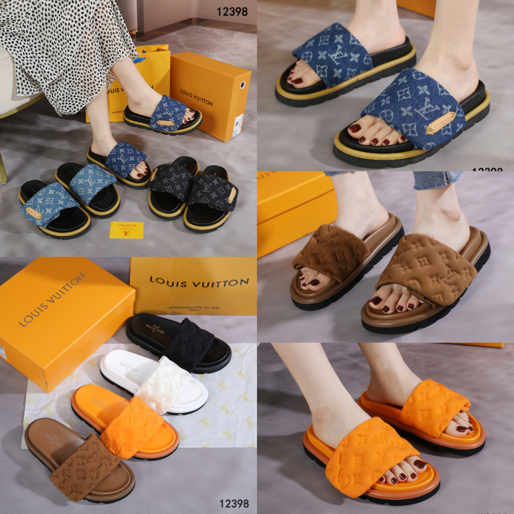 Sandal Wanita #12398 Nylon / PB 12398 Canvas Pool Pillow Flat Comfort Mule Monogram Denim Slide Bran