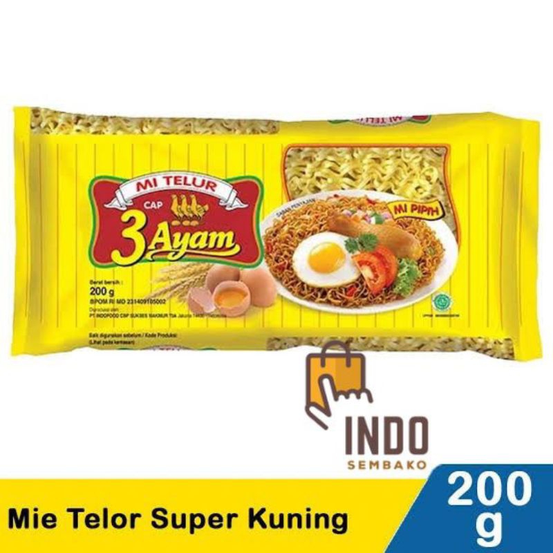 

Mie Telor cap 3 Ayam 200g Satuan / MieTelor Cap 3 Ayam Satuan 200g / Egg Noodle Satuan 200g