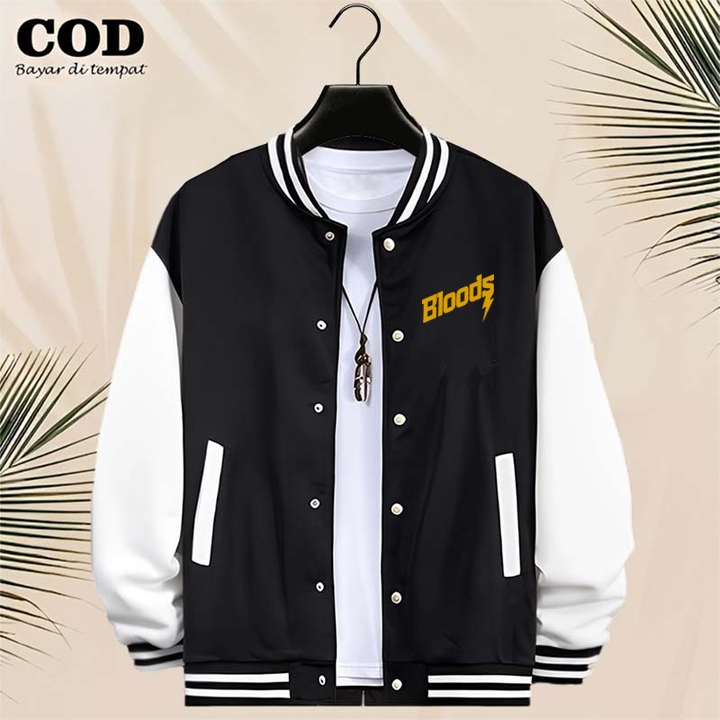 BISA COD Jaket Bomber Varsity Baseball Kancing Bloods Text Gold Jaket Varsity Pria / Baseball Distro