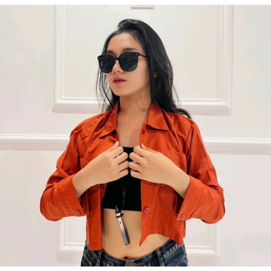 Kemeja Outer Atasan Crop Top WANITA Shirt Linen PREMIUM Lengan Panjang WARNA BATA CREAM MOCA HITAM U