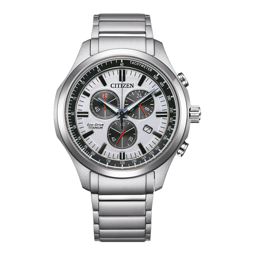 Jam Tangan Pria Citizen Eco Drive CTZ AT2530-85A Men Chronograph White Dial Titanium Strap