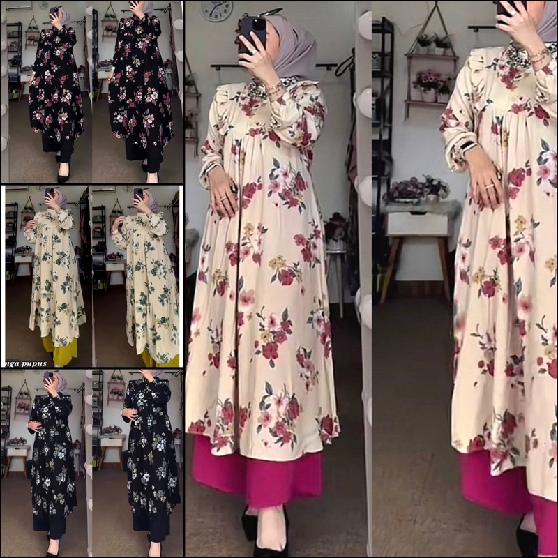 SETELAN MIDI KATUN DELVINA MIX PANTS / ONESET SETELAN TUNIK RAYON PREMIUM MOTIF BUNGA / ONESET LONG 