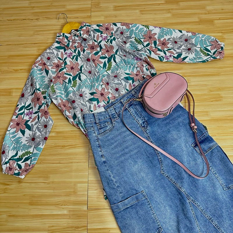 Kemeja wanita Adisa flower mix lengan panjang bahan katun premium