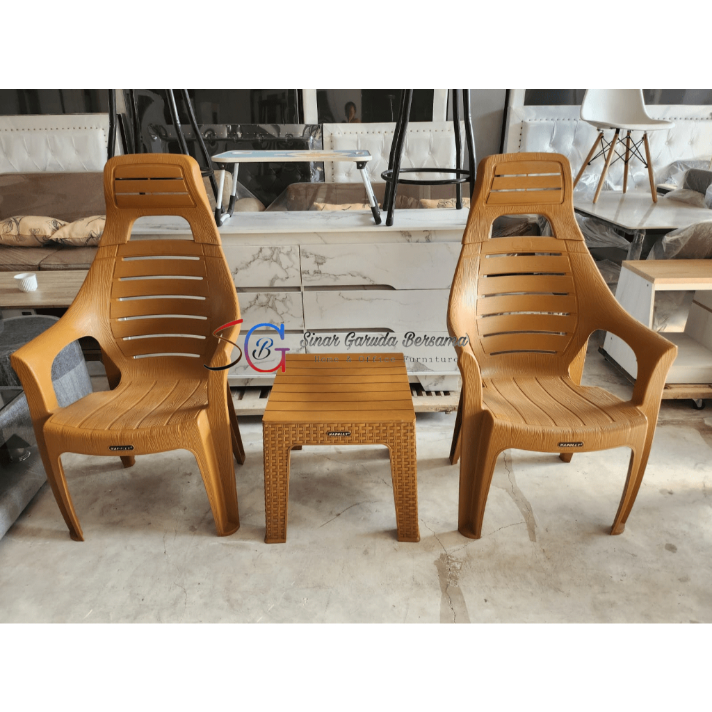 MEJA KURSI TERAS / KURSI PLASTIK NAPOLLY COKLAT + SANDARAN KEPALA / KURSI DAN MEJA PLASTIK WARNA COK