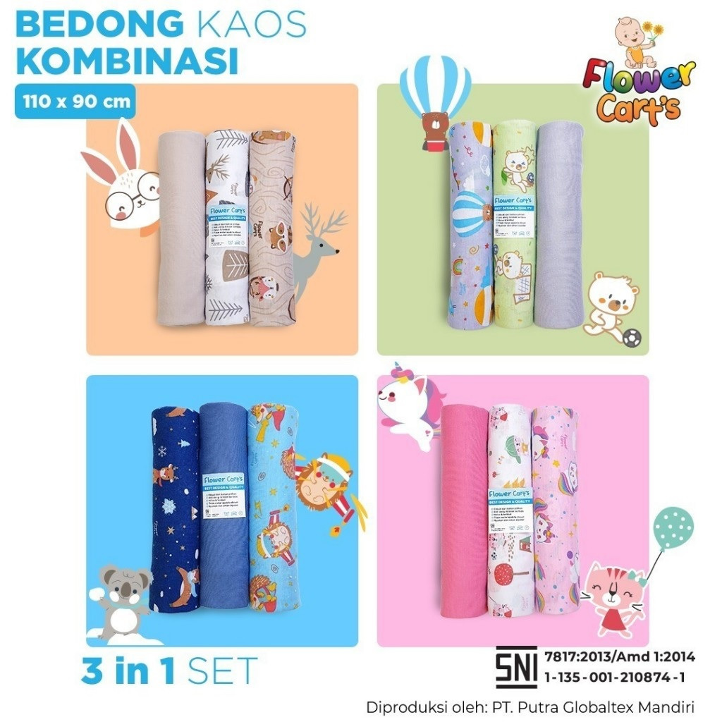 Flower Cart's Bedong Kaos 3in1 Ukuran 110x90 SNI / Bedong Bayi