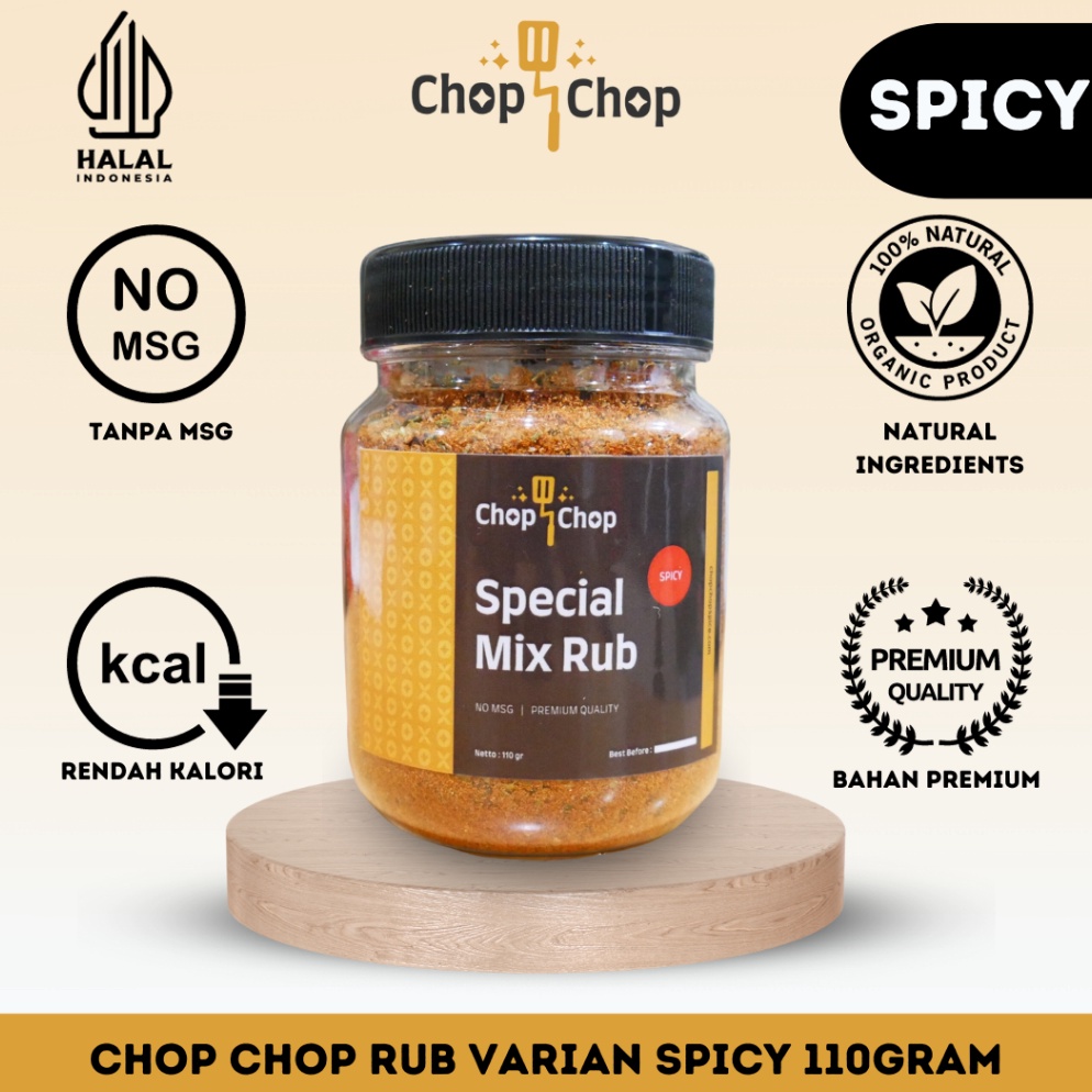 

Terlaris Chopchop Special Mix Rub Spicy Bumbu Marinasi Rendah Kaloridiet Serbaguna 11gr