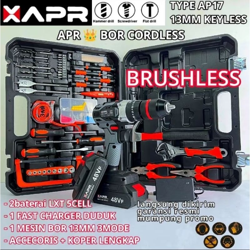 MESIN BOR APR AP17 48V BRUSHLESS FULLSET CORDLESS DRILL APR 48V BOR BETON KAYU TEMBOK 13MM APR 48V K