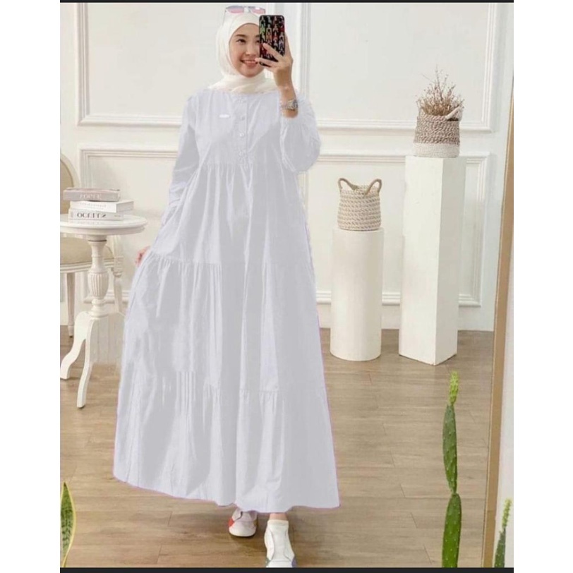 Gamis Putih Midi Dress Rayon Premium Kekinian Kirania / Baju Muslim Wanita Long dress Busui Terbaru