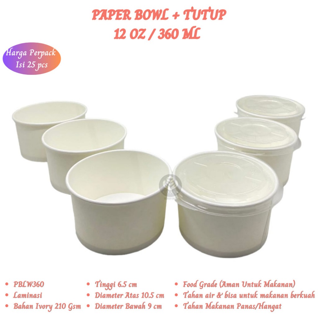 Paper Bowl 360 Ml Rice Bowl 12 Oz Plus Tutup (Isi 25 Pcs-PBLW360)