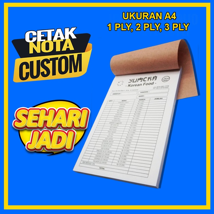 Cetak NOTA Custom Ukuran A4 1 Ply 2 Ply 3 Ply Free Desain Full Color