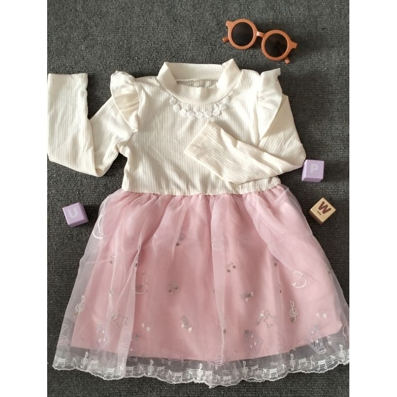 dress rajut lengan panjang rok tutu bordir tile organza untuk usia 3 tahun size 100 warna pink dan b