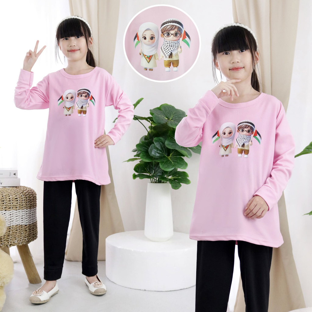 Setelan Anak Tunik Lengan Panjang Motif Free Palestine Kekinian Umur 3-12 Tahun