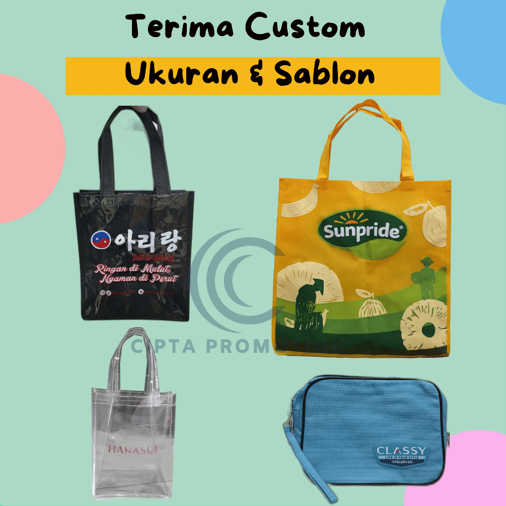 

Custom goodie bag tas promosi | Custom Ukuran | Custom Sablon | Custom Model Tas