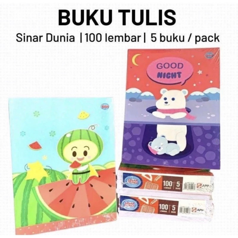 

Buku tulis pendek isi 100lembar SINAR DUNIA kertas tebal harga perbungkus isi 5pcs cuma