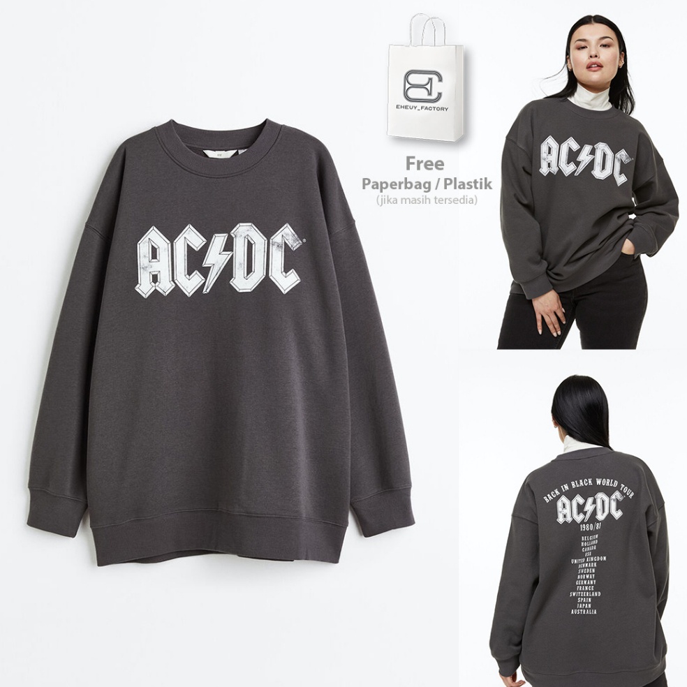 Terbagus Crewneck HM ACDC TOUR Dark Grey Original BlackWash Hitam Buluk Sweater Washed Wanita Flecee