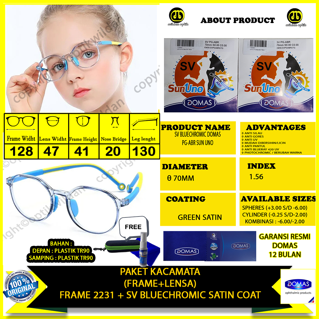 PAKET KACAMATA FRAME+LENSA) ANAK-ANAK BLUECHROMIC SUN UNO DOMAS 2231